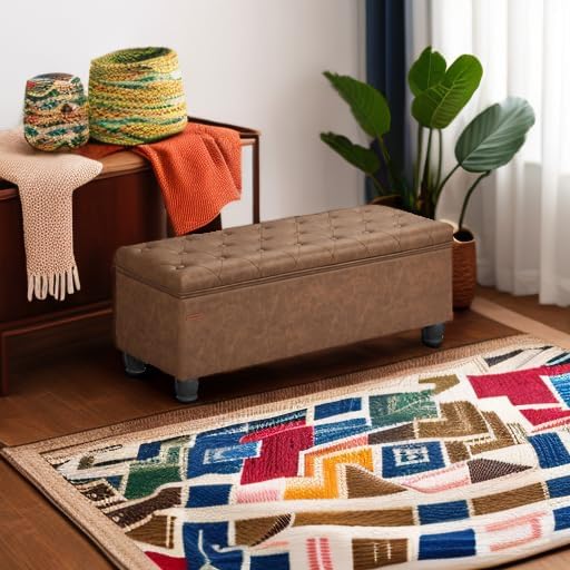 SONGMICS Storage Ottoman, Storage Bench, Tufted Entryway Bedroom Bench, 17.7 x 46.5 x 17.7 Inches, Hinges Easy Lid Operation, Wooden Legs, Synthetic Leather, Loads 330 lb, Coffee Brown ULOM071K01