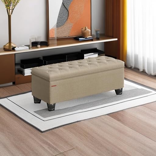 SONGMICS Storage Ottoman, Storage Bench, Tufted Entryway Bedroom Bench, 17.7 x 46.5 x 17.7 Inches, Hinges Easy Lid Operation, Wooden Legs, Linen-Look Cover, Loads 330 lb, Camel Brown ULOM070K01