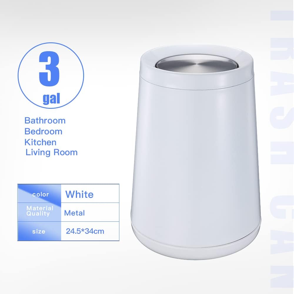 Household Swing White Bathroom Trash Can,Brushed Stainless Steel,10 L/3 Gallen,Garbage Can with Flipping Lid, for Indoor or Commercial Use, Kitchen,Modern,Living Room,Bedroom