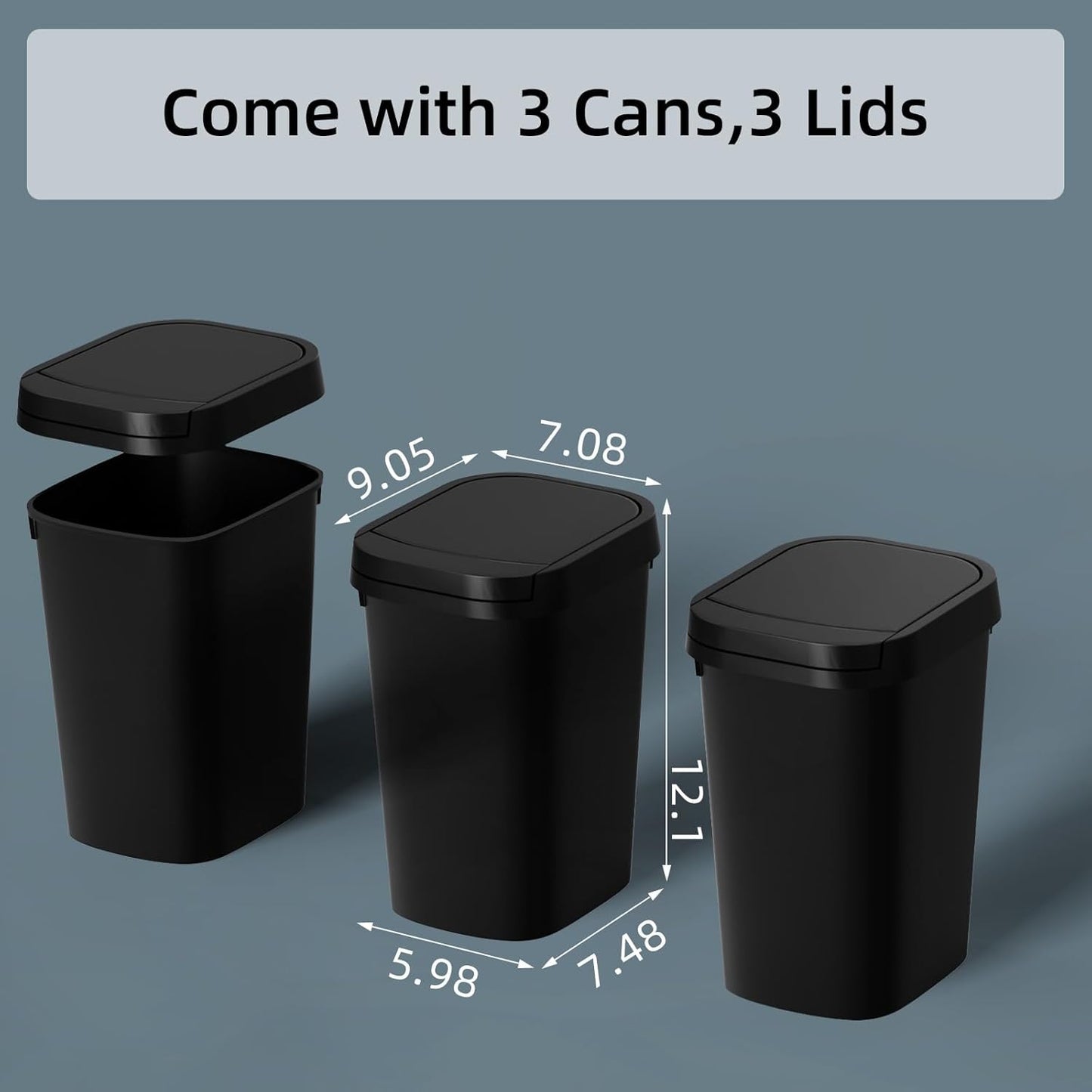 3 Pack Bathroom Small Trash Can with Lid, 2.6 Gallon Slim Garbage Bin with Pop-Up Lid, 10L Plastic Wastebasket for Bedroom, Office, Kitchen, Toilet (Black)