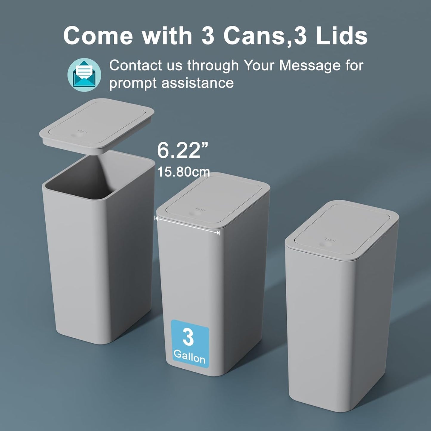 N. NETDOT 3 Pack Small Trash Can with lid, 3 Gallon Bathroom Trash Can,Garbage Can Slim Trash Bin Waste Basket for Bathroom,Kitchen,Bedroom,Living Room,Office,Laundry - Grey