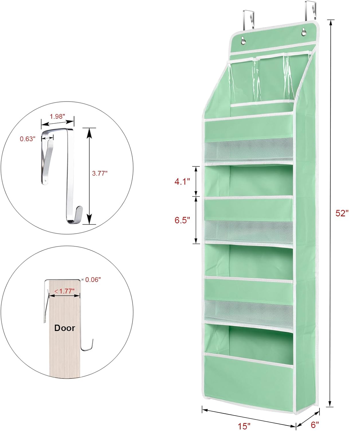 Univivi 5-Shelf Fabric Door Storage Over Door Hanging Organizer with 4 Large Pockets and 3 Small PVC Pockets Nursery Closet Cabinet Wall Mount Hanging Storage Organizers for Baby Nursery (Green)