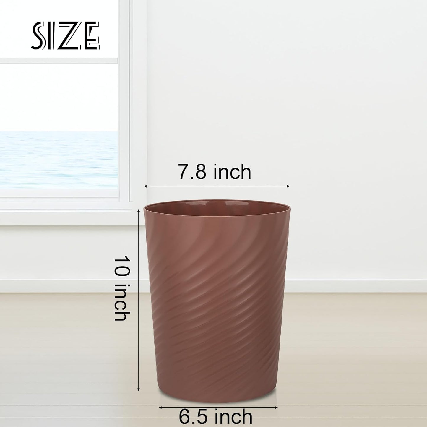 UUJOLY Plastic Trash Can Wastebasket, Garbage Container Basket for Bathrooms, Kitchens, Offices, Kids Rooms (Brown, 1.8 Gallon)