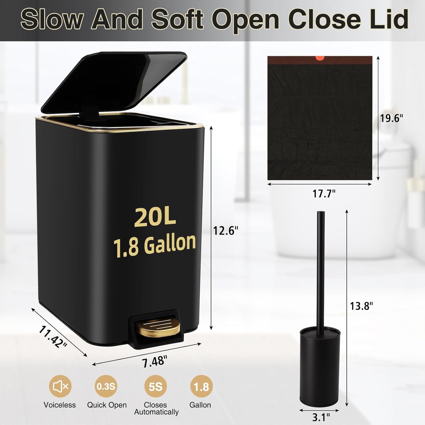 Small Bathroom Trash Can with Lid Soft Close, 1.8 Gallon Stainless Steel Garbage Can with Removable Inner Bucket,Black Toilet Brush,75Count Trash Bags, Slim Step Pedal Trash Bins