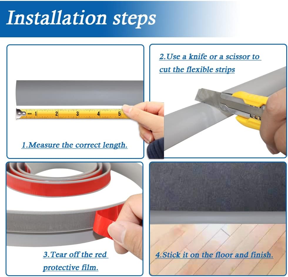 Floor Transition Strip Self Adhesive Carpet & Flooring Transitions Edging Trim Strip PVC Threshold Transitions Suitable for Threshold Height Less Than 10mm (6.56Ft, Gray)