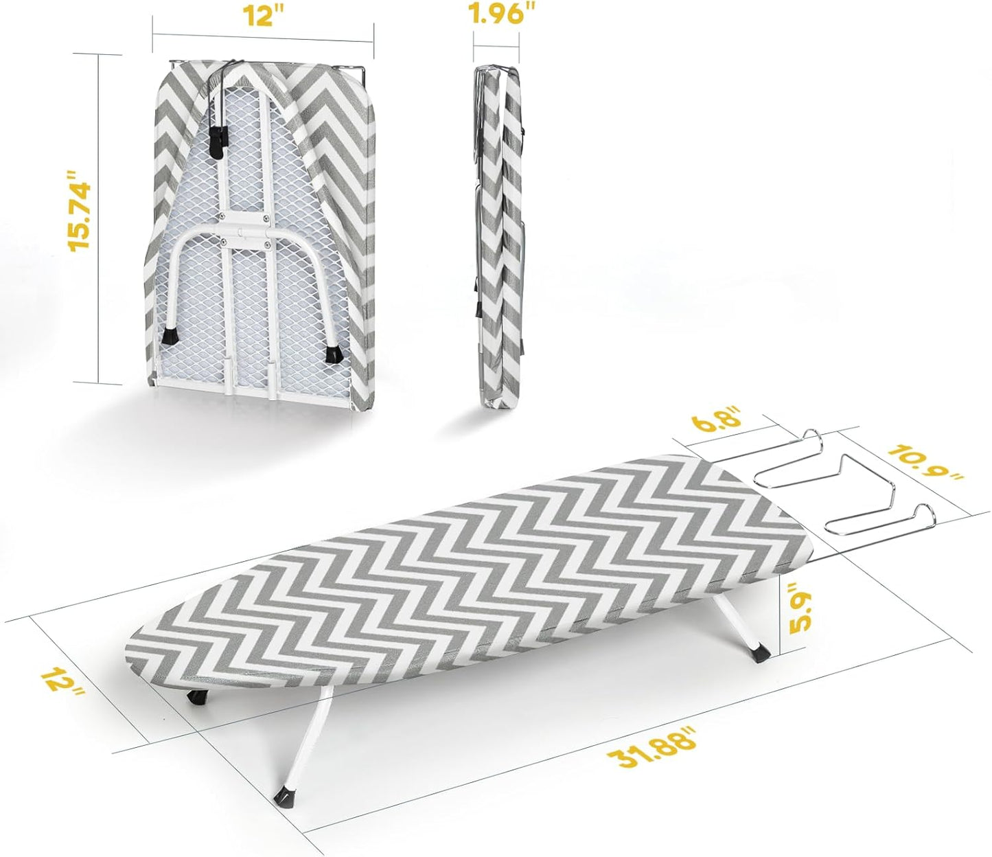 Folding Ironing Board for Small Space, RAINHOL Mini Collapsible Ironing Boards, with Hook, Iron Rest, Heat-Resistant 100% Cotton Cover and Pad, Gray and White Stripes, 31" x 12", Steel Mesh