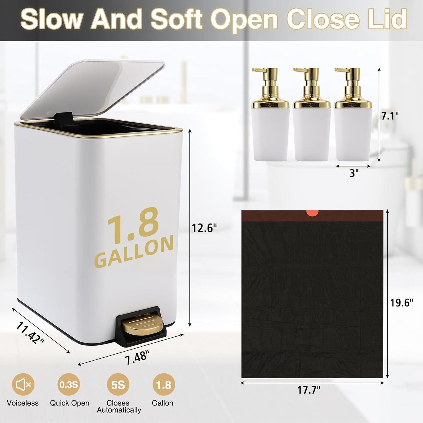 Small Bathroom Trash Can with Lid Soft Close, 1.8 Gallon Stainless Steel Garbage Can with Removable Inner Bucket,3PCS Soap Dispenser,75Count Trash Bag, Slim Step Pedal Trash Bins