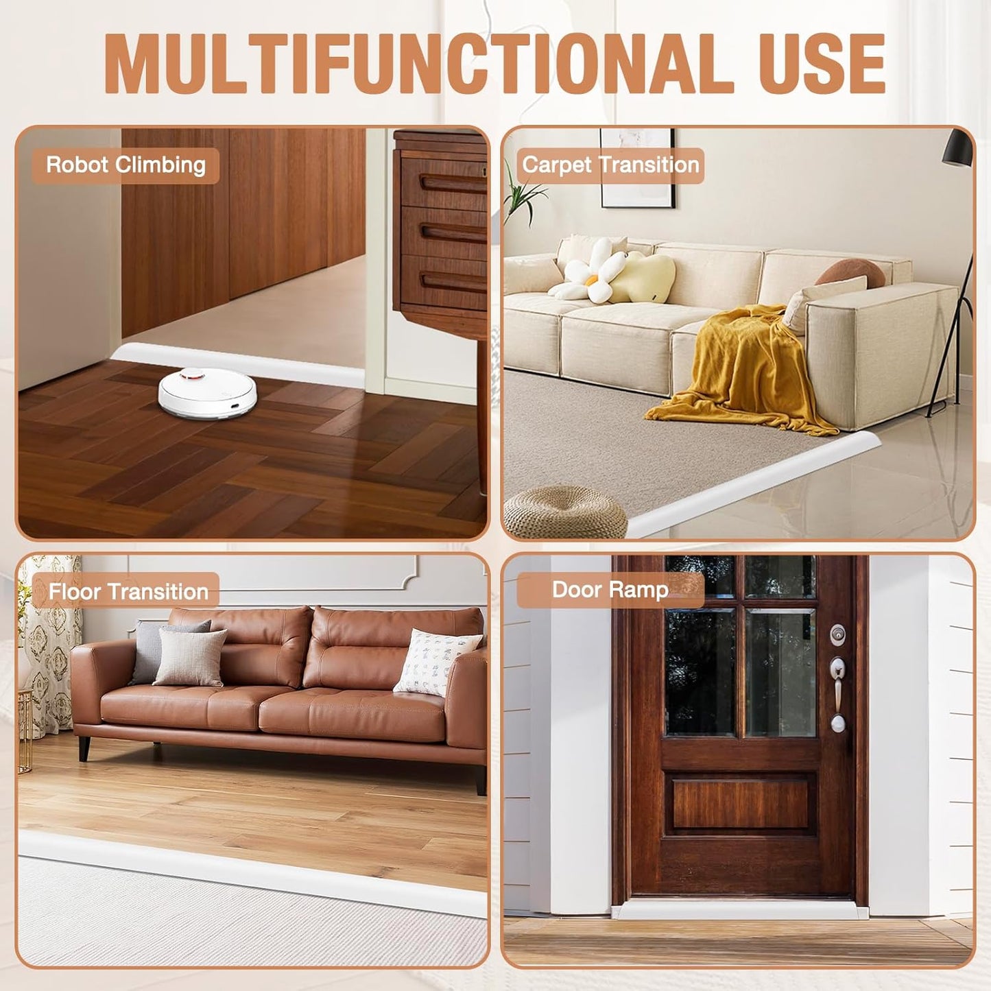 Floor Transition Strip Self Adhesive Vinyl Door Threshold for Doorways Carpet Edging Trim Overlap Edge Reducer for Laminate Floor, Carpet, Tile (White, 1/5" to 2/5", 3.3Ft)