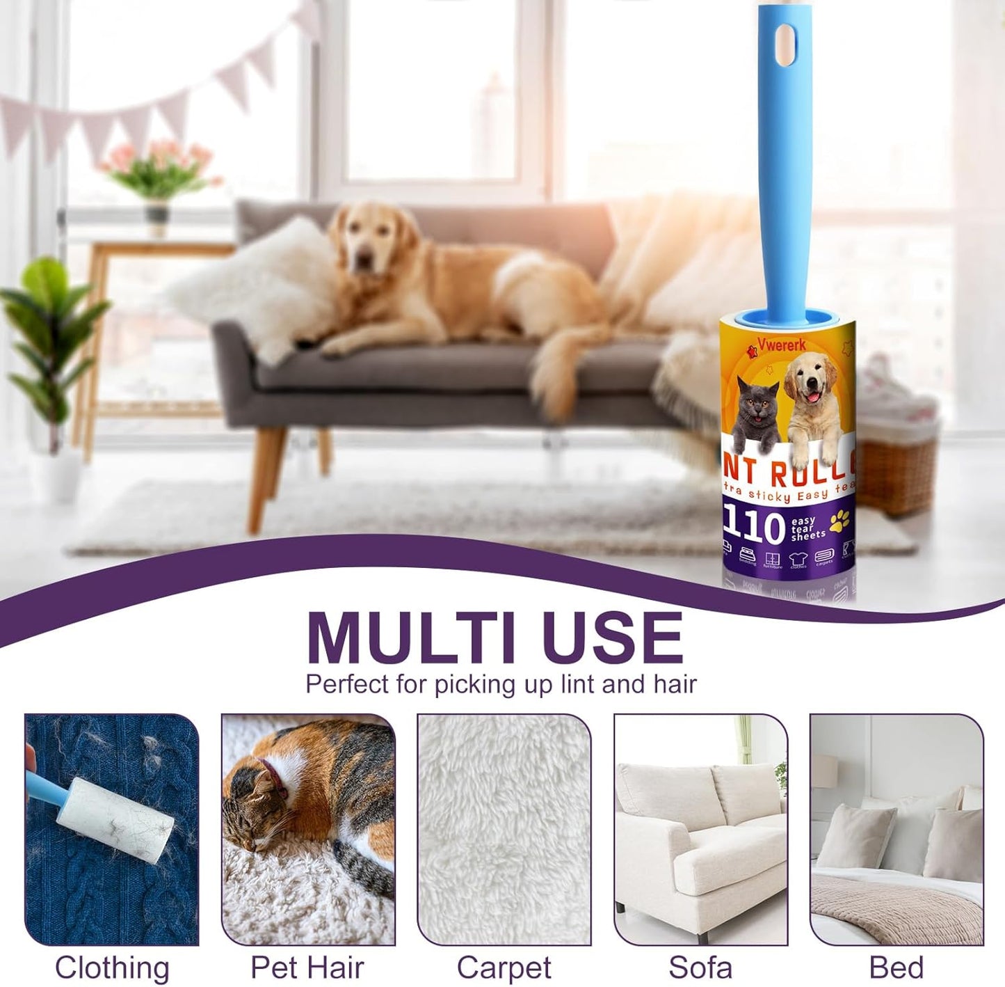 Lint Rollers for Pet Hair Extra Sticky, 440 Sheets/4 Lint Roller Refills with 2 Durable Handles, Pet Hair Roller for Clothes, Furniture, Carpet