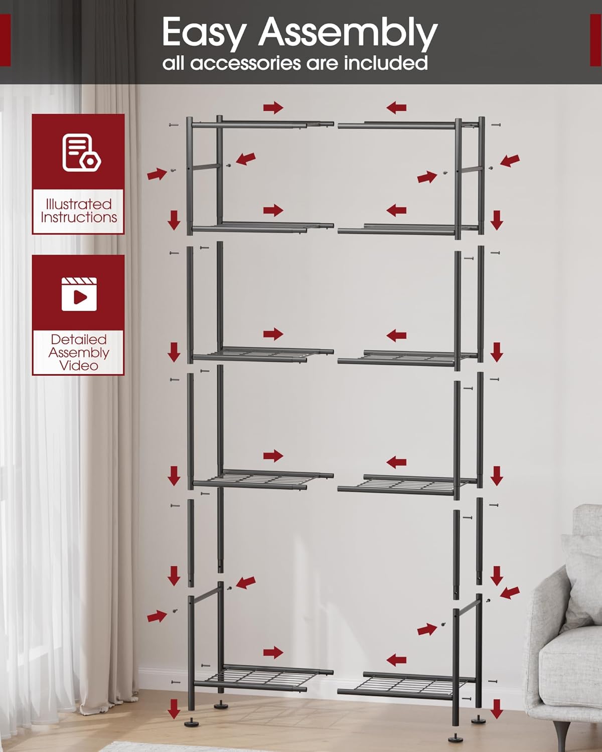 Storage Shelves - 5 Tier Shelf Organizer, Sturdy Metal Garage Shelving with Adjustable Leveling Feet, Space-Saving Shelves Organizer for Pantry, Laundry, Kitchen (32" x 12" x 71", Black)