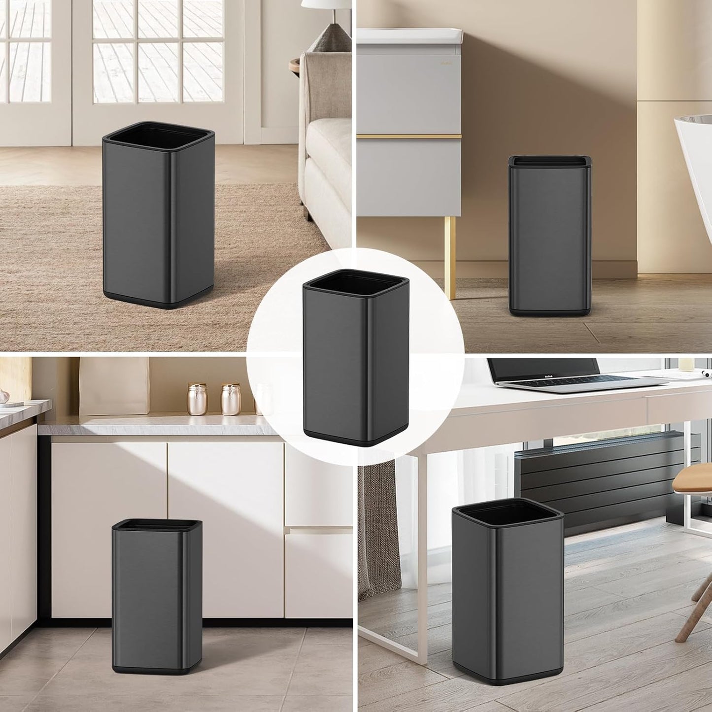 Mbillion 3.2 Gal (12L) Stainless Steel Open - Top Trash Can with Removable Inner Bucket - Sleek Metal Waste Basket for Bathroom Office, Brushed Black