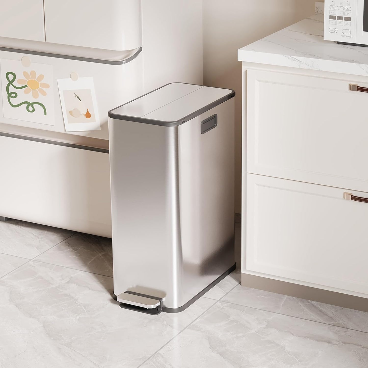 2 x 7.4 Gal (2 x 28L) Slim Trash Can, Stainless Steel Dual Compartment Step-On Recycling Bin with Butterfly Lids & Removable Plastic Inner Buckets for Kitchen, Home, Office