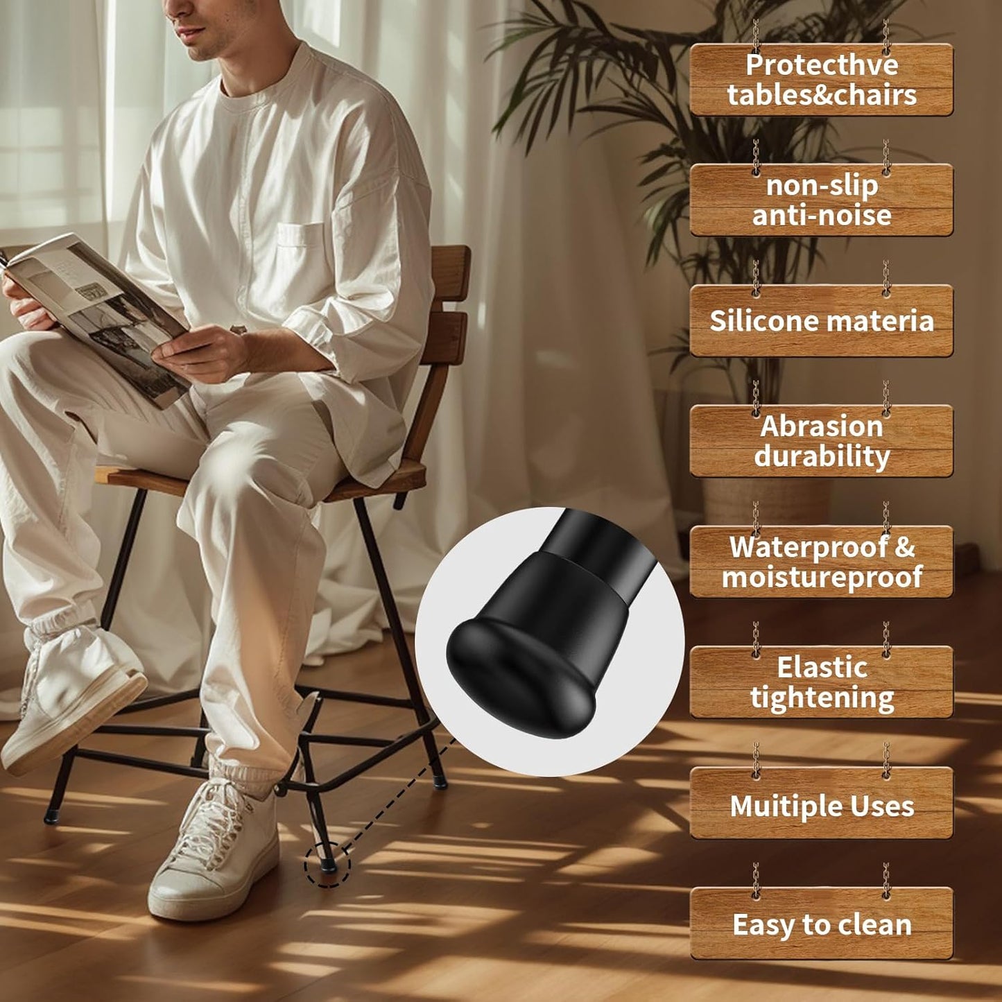 0.75 Inch Heavy Duty Rubber Chair Leg Caps - 24 PCS Non-Slip Furniture Floor Protectors with Metal Inserts for Wood, Tile, Carpet - Fits Chairs,Stools,Bar Stools