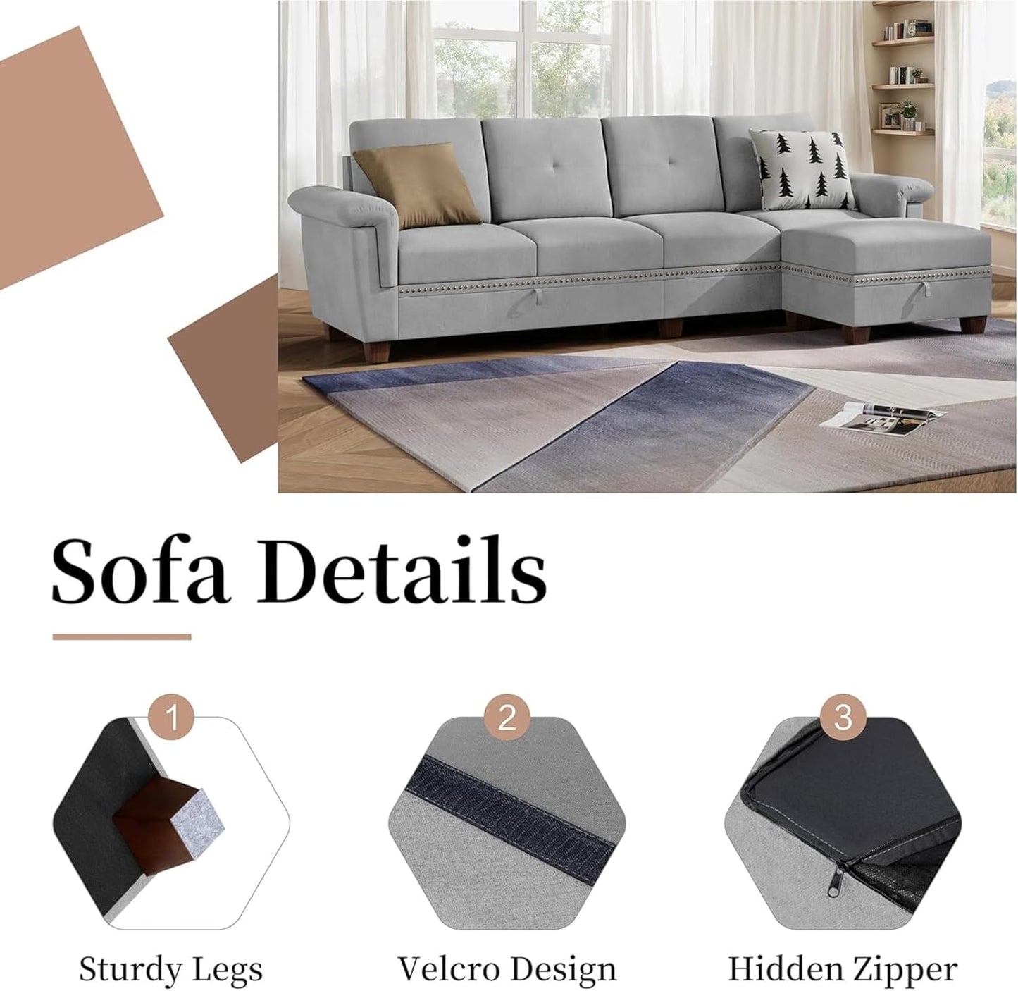 JAMFLY 108" Modular Sectional Sofa with Storage, L Shaped Sofa Couch with Reversible Ottoman, 4-Seat Convertible Sectional Couches with Cup Holders for Living Room, Apartment, Light Grey