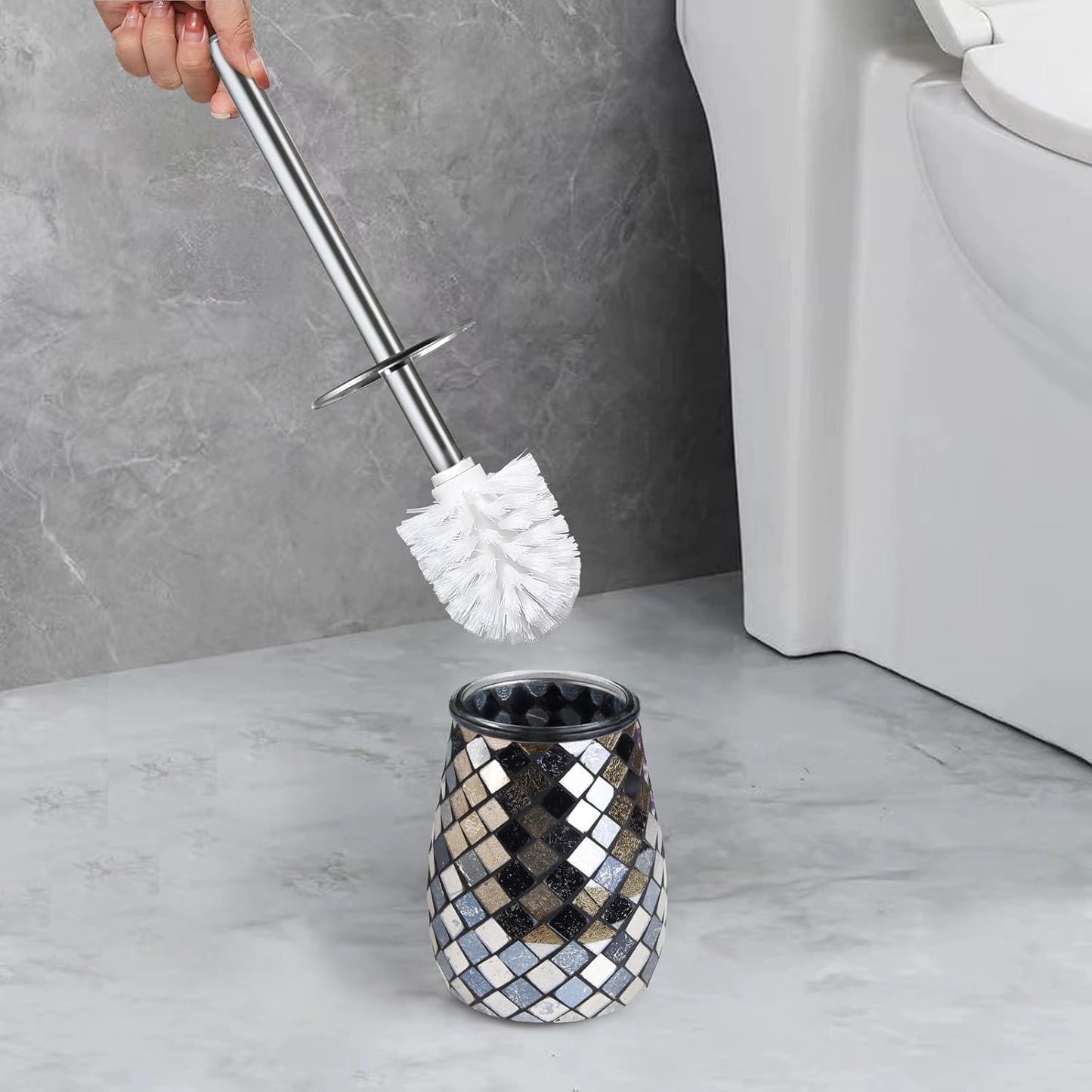 Escenzy Modern Toilet Brush and Holder Set Mosaic Glass | Non-Rustic Stainless Steel | Practical & Decorative Toilet Bowl Brush and Holder | Luxury Black and Gold Bathroom Accessories