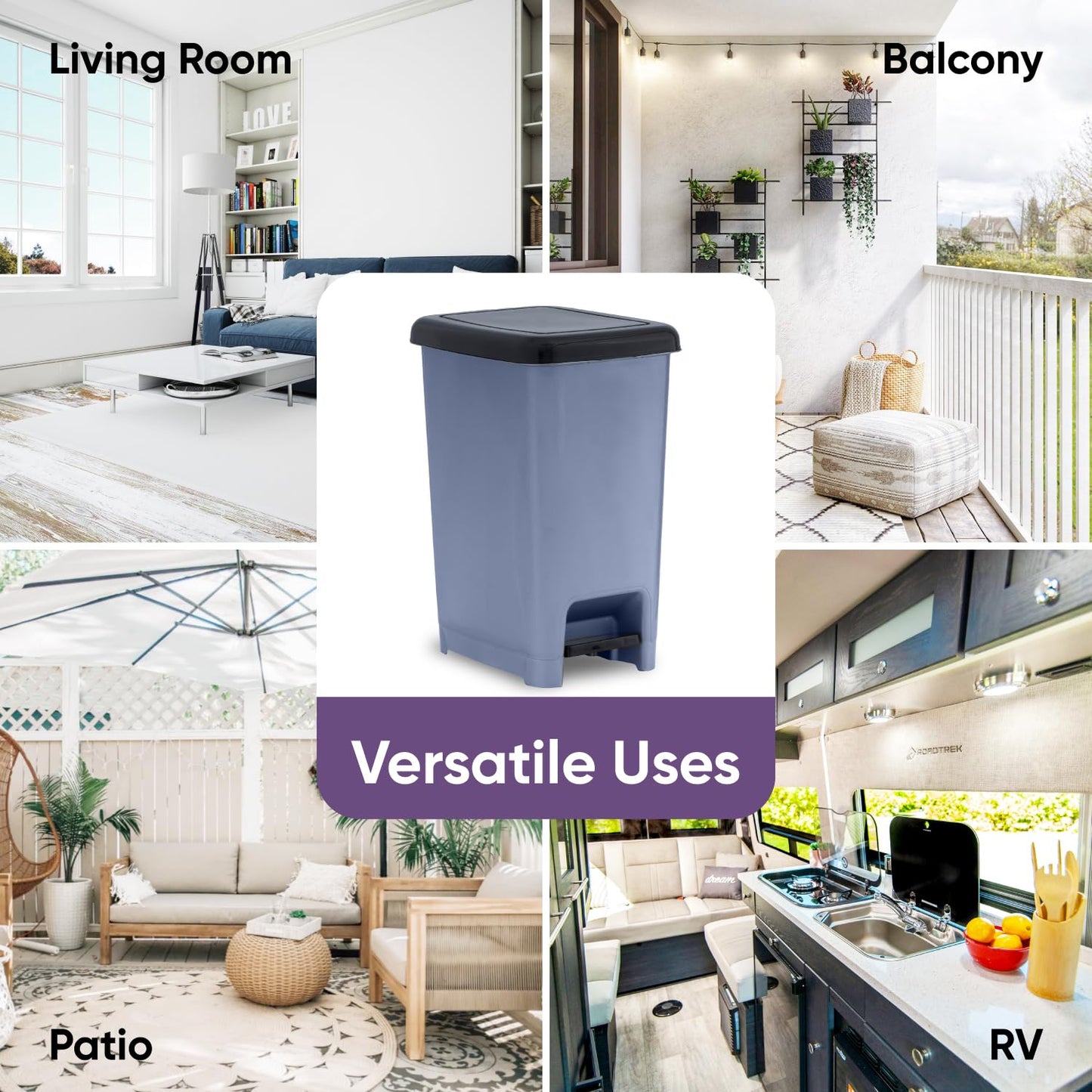 Superio Slim Trash Can with Foot Pedal – 2.5 Gallon Step-On Trash Can with Lid, Small Plastic Mini Garbage Can, for Bathroom, Kitchen, Office, Under Desk, Bedroom, Dorm – Grey/Black (2)