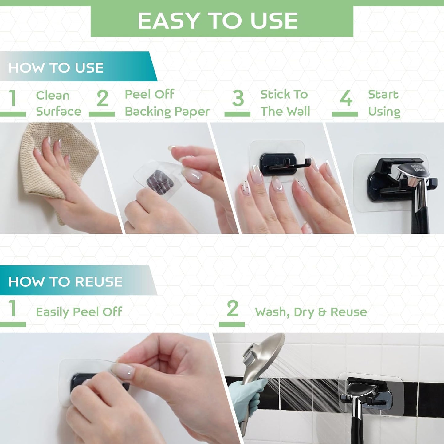 Hook LAB Self-Adhesive Shower Razor Holder, 2-Pack, Removable & Reusable Waterproof Hooks, for Towels, Bath Accessories, Kitchen & Bathroom Use - White