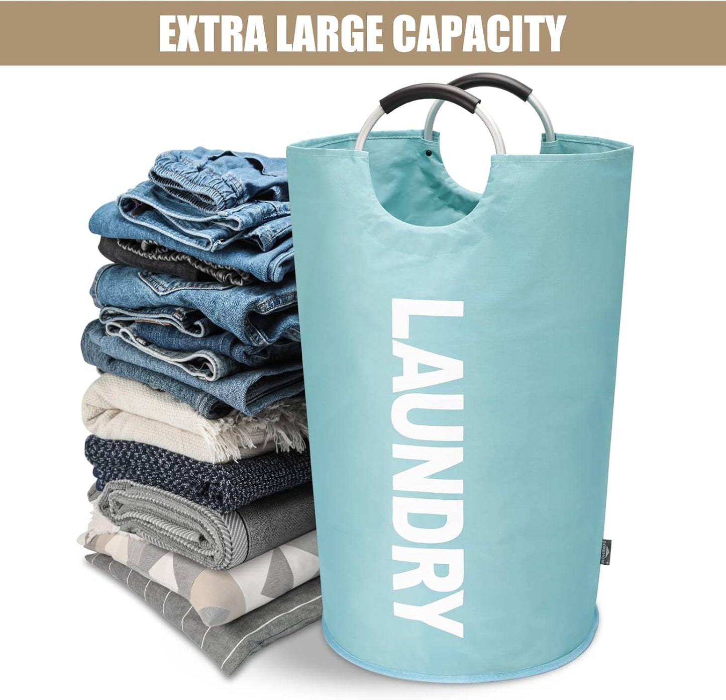DOKEHOM 90L Large Laundry Basket, Collapsible Laundry Bag, Freestanding Tall Clothes Hamper, Foldable Washing Bin (Light Blue)