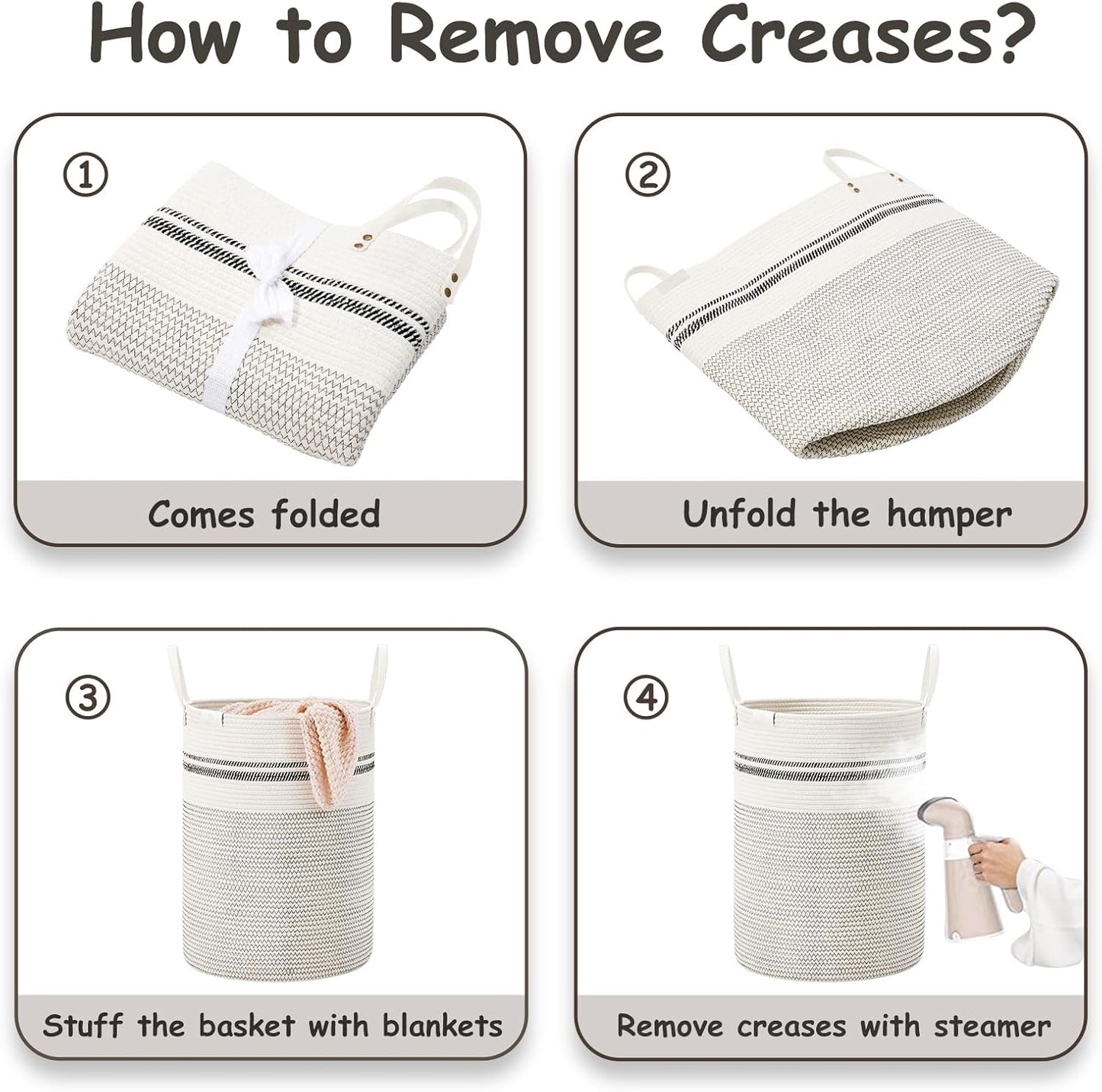 VIPOSCO Tall Laundry Basket, Large Dirty Clothes Hamper with Leather Handle, Woven Rope Storage Basket for Blanket, Toy In Living Room, Bathroom, Bedroom - 100L Stripe White