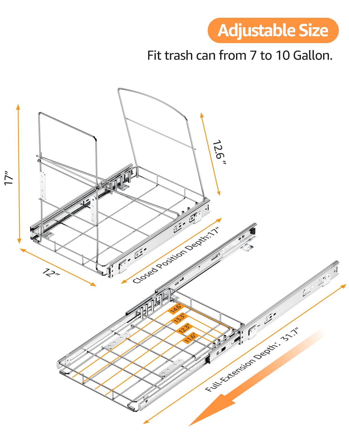 Pull Out Trash Can Under Cabinet, 7-13Gal Cabinet Trash Can Pull Out Kit with Door Mounting Kit,Under Sink Garbage Can Pull Out for Kitchen-Waste Bin Not Included