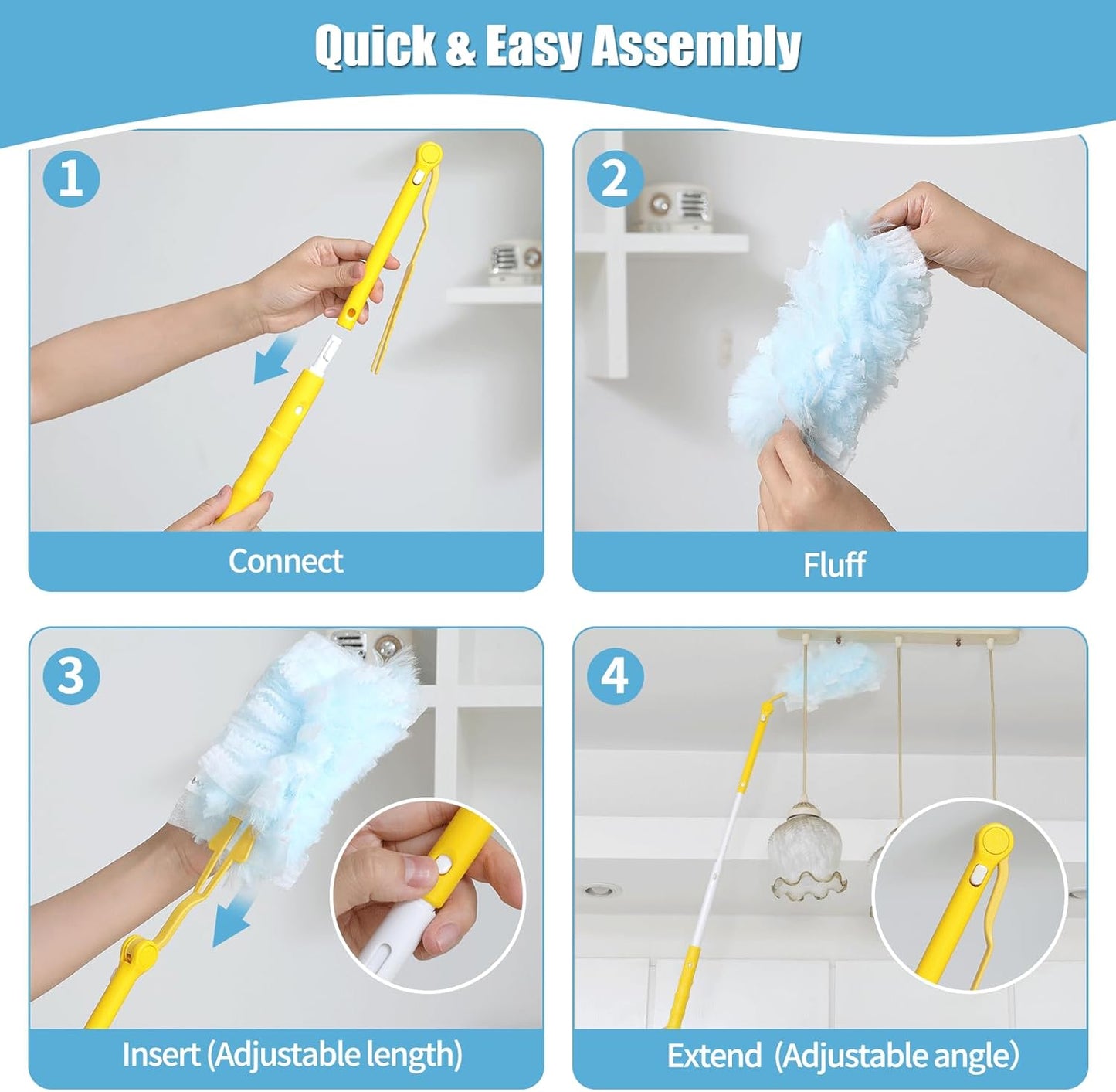 60 Count 360° Heavy Duty Duster Refills Compatible with Swiffer,Large Size-Extra Thick Disposable Electrostatic Duster Refill with 1 Retractable Handle(35-inch Length Fully expanded)