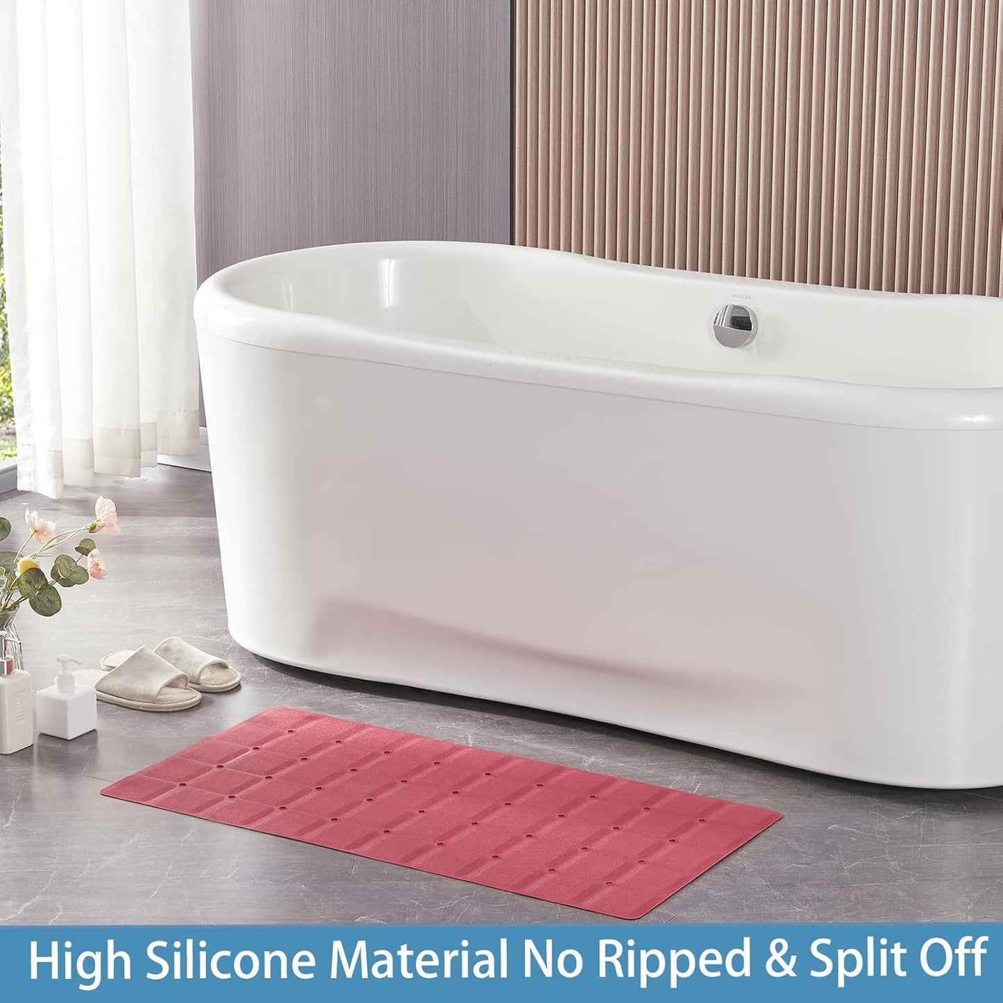 Foldable Silicone Bathtub Mat: Jumbo Size Heavy Duty Safety Bath Mat for Tub Without Suction Cups Non Slip Bath & Shower Mat for Textured, Reglazed, Refinished Tub (Crimson Red, 35.8 x 17.7)