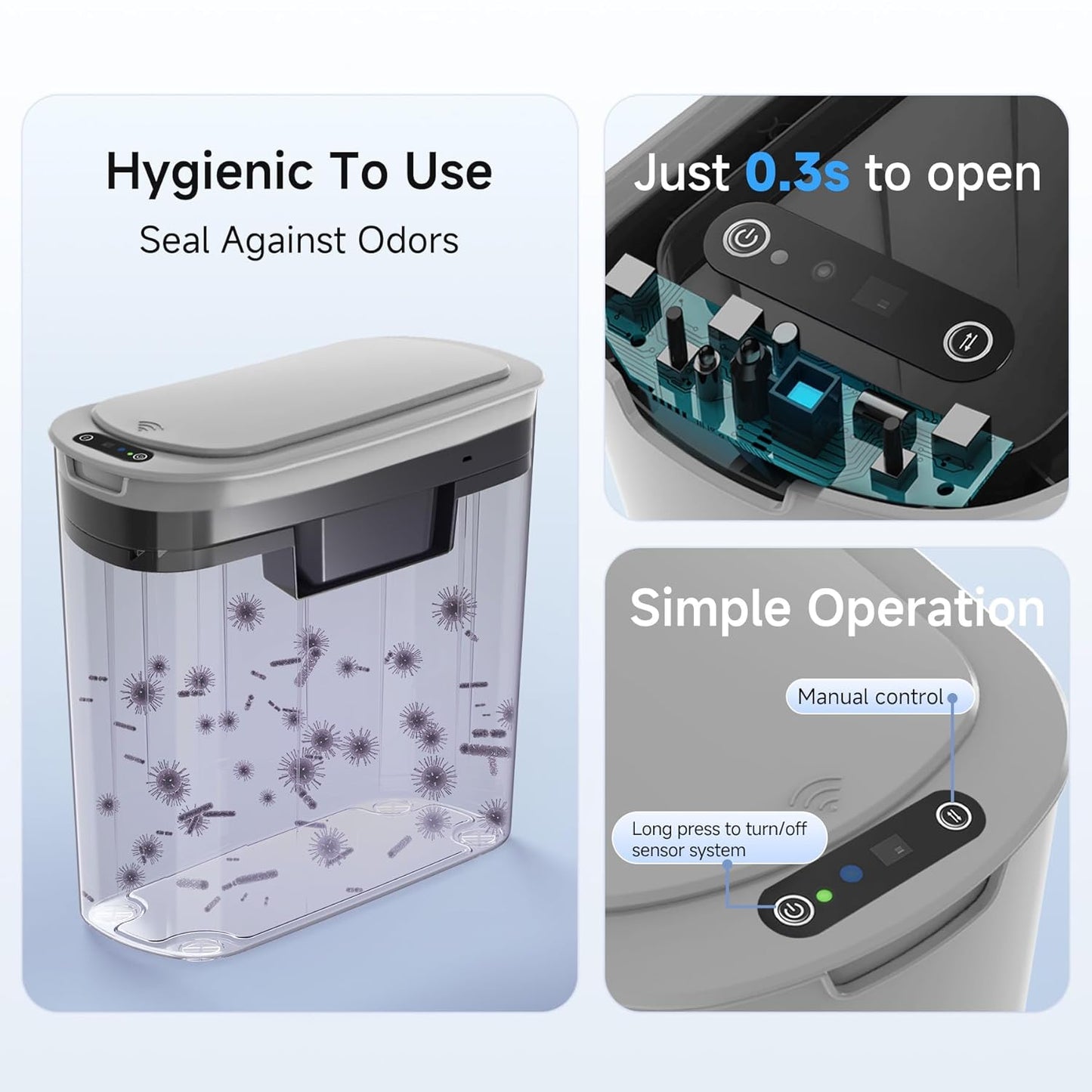 Automatic Motion Sensor Bathroom Trash Can with Lid, 2.6 Gallon Touchless Trash Bin, Smart Garbage Can Plastic Slim Wastebasket for Bedroom, Office, Dorm (Grey)