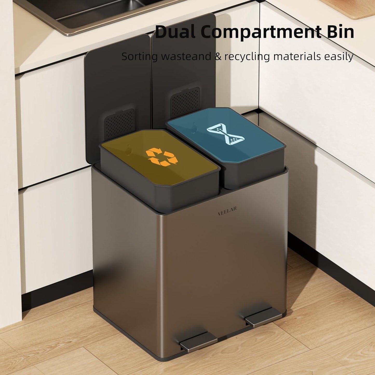 Kitchen Dual Trash Can - Double Touchless Garbage Bins 2 x 4 Gallon (2 x 15 L) with Lid, Stainless Compartment Trash and Recycle Bin Combo