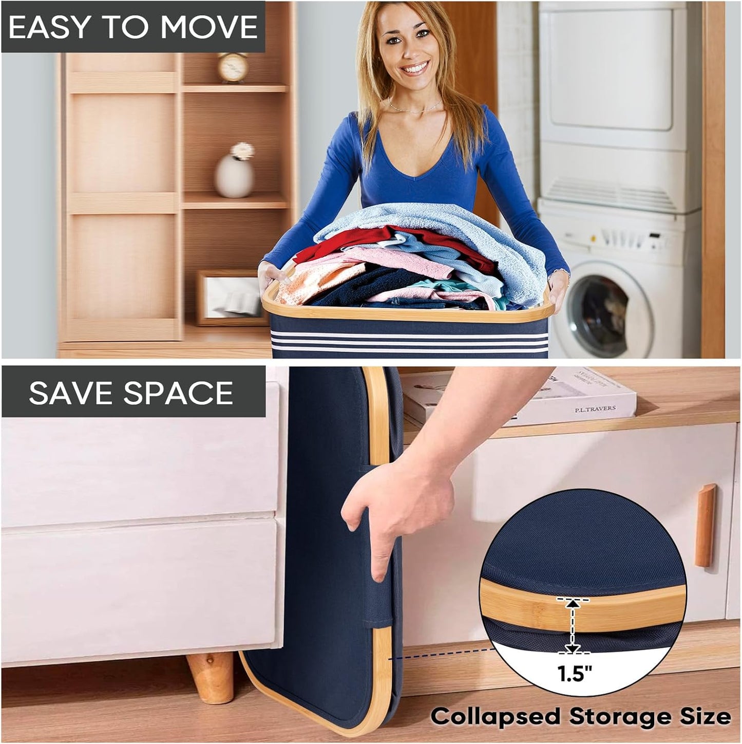 BALEINE Laundry Hamper with Lid, Tall Laundry Baskets with Bamboo Pull Handles, Large Laundry Bin with Internal Support (26 Gal/100L, Blue Pinstripe)