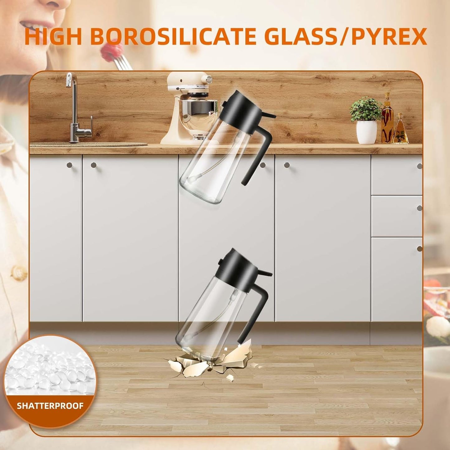 2-in-1 Glass Oil Dispenser & Sprayer - 16oz/470ml Leakproof Bottle for Cooking, Air Fryer, BBQ, Baking, Salad (Transparent Black 1PC)