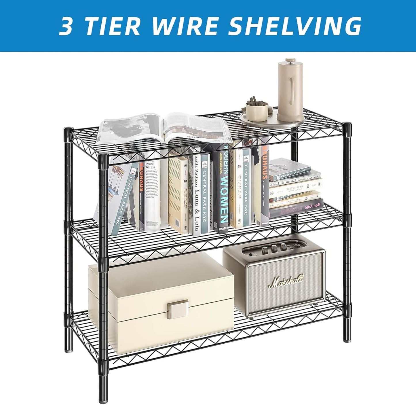 3-Shelf Adjustable Metal Shelf Wire Shelving Unit Storage Rack Display Shelf for Office,Kitchen,Bedroom,Bathroom,Laundry,Pantry Basement,Garage(Black,36" L x 14" W x 30" H)
