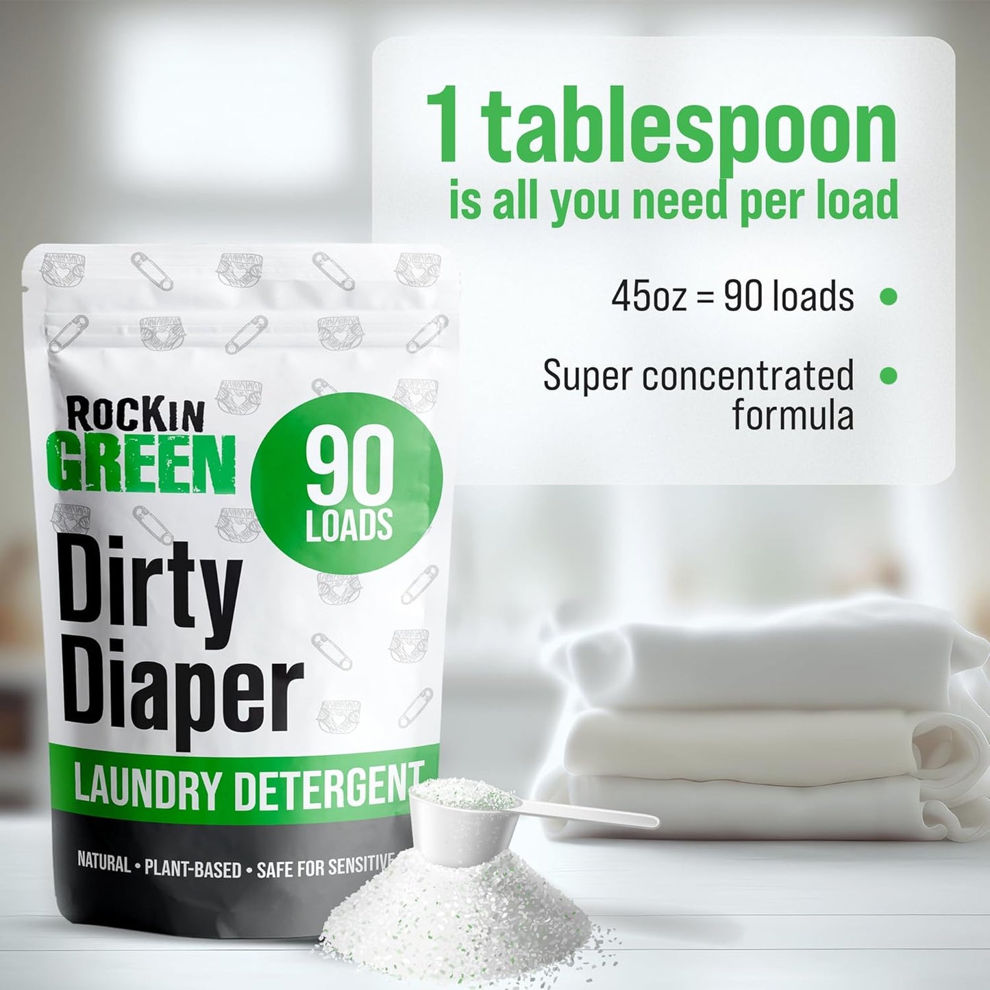 Rockin' Green Laundry Detergent, Plant based, All Natural Laundry Detergent Powder, Vegan and Biodegradable Odor Fighter, Safe for Sensitive Skin (Baby Cloth Diaper 90 Loads Unscented)