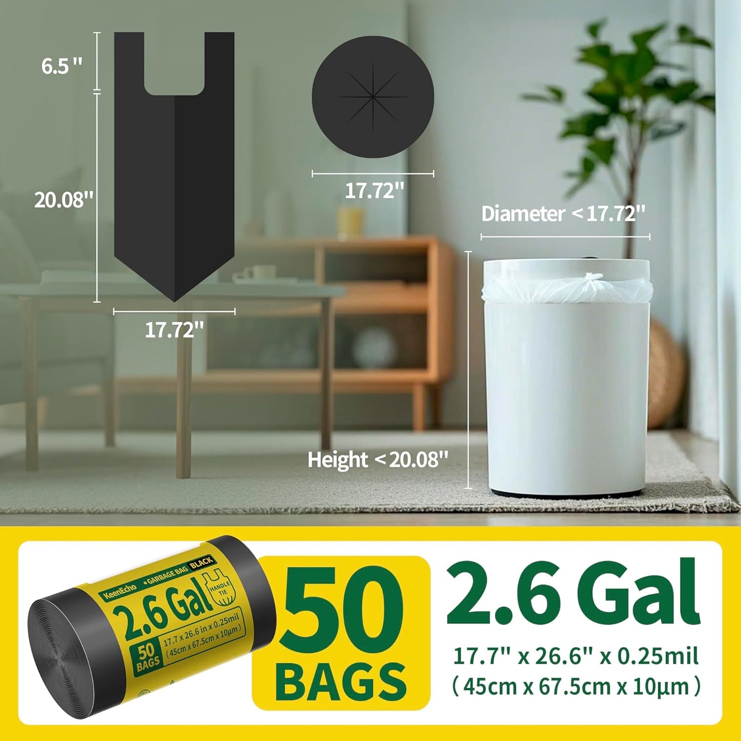 Small Trash Bags with Handles 2.6 Gallon 50 Count Black - Ocean Plastic Upcycling - Plastic Garbage Bags, Can Bin & Waste Basket Liner for Kitchen, Bathroom, Office and Pets