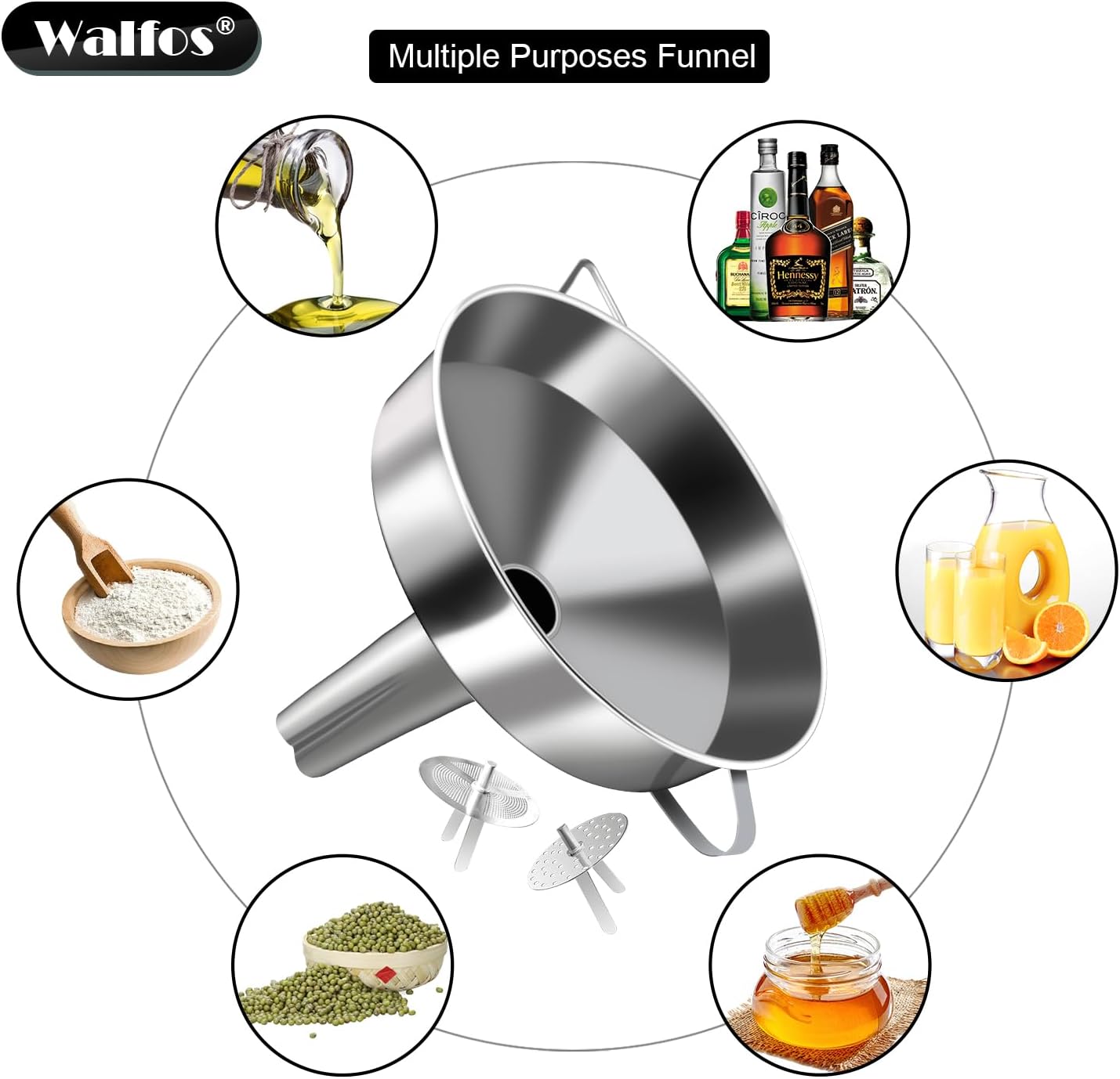 Walfos Extra Large Stainless Steel Funnel with Venting Slot, Kitchen Funnel with 2 Removable Strainer & 1Pc Cleaning Brush, Perfect for Transferring Liquid, Oils, Jam, Dry Ingredients (Jumbo, 7.9")