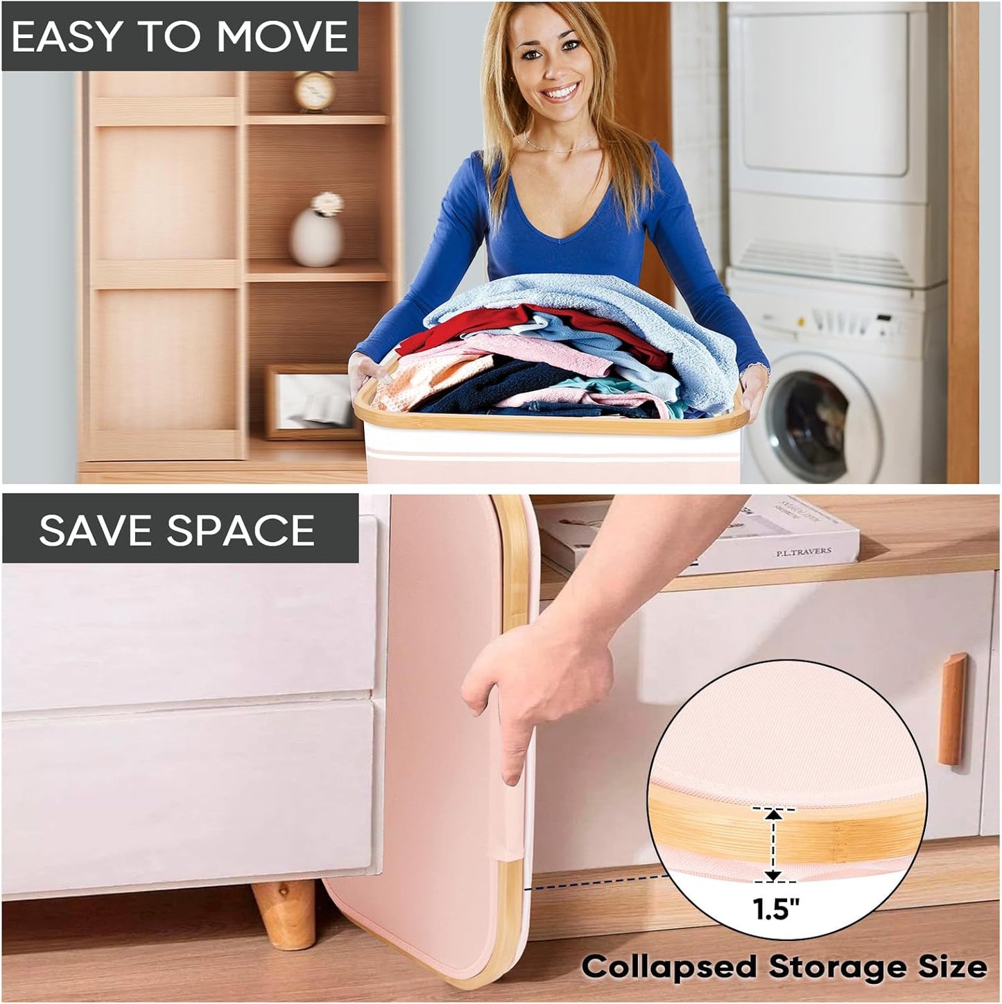 BALEINE Laundry Hamper with Lid, Tall Laundry Baskets with Bamboo Pull Handles, Large Laundry Bin with Internal Support (26 Gal/100L, Pink Stripe)