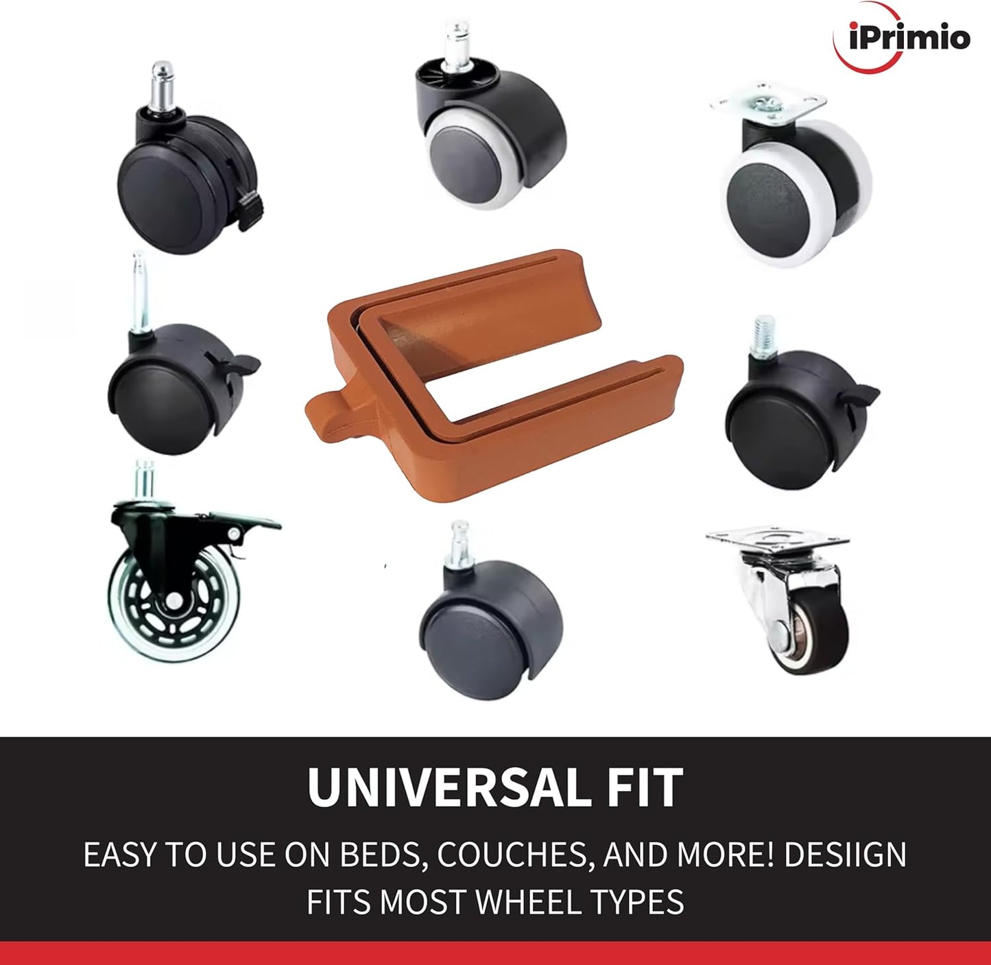 iPrimio No Lift Wheel Stoppers for Rolling Furniture - Bed and Furniture Stopper - Requires No Lifting of Bed - Keeps Bed and Furniture from Sliding Bed Caster Stopper - Solid Rubber (4 Pack, Brown)