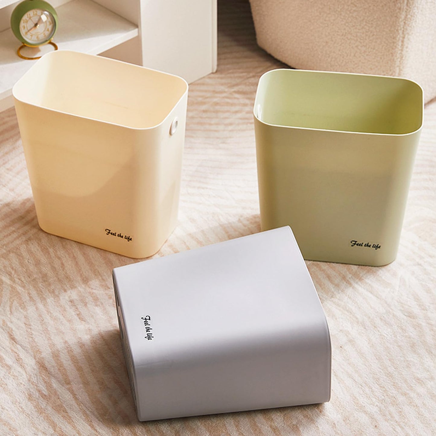 Rectanglar Small Trash Can 3 Pack, 3 Gallon/12 L Office Garbage Can Wastebasket, for Bedroom, Bathroom, Dorm, Kitchen, Under Sink, Under Desk, Plastic Trash Bin Garbage Bin– Green Grey Cream