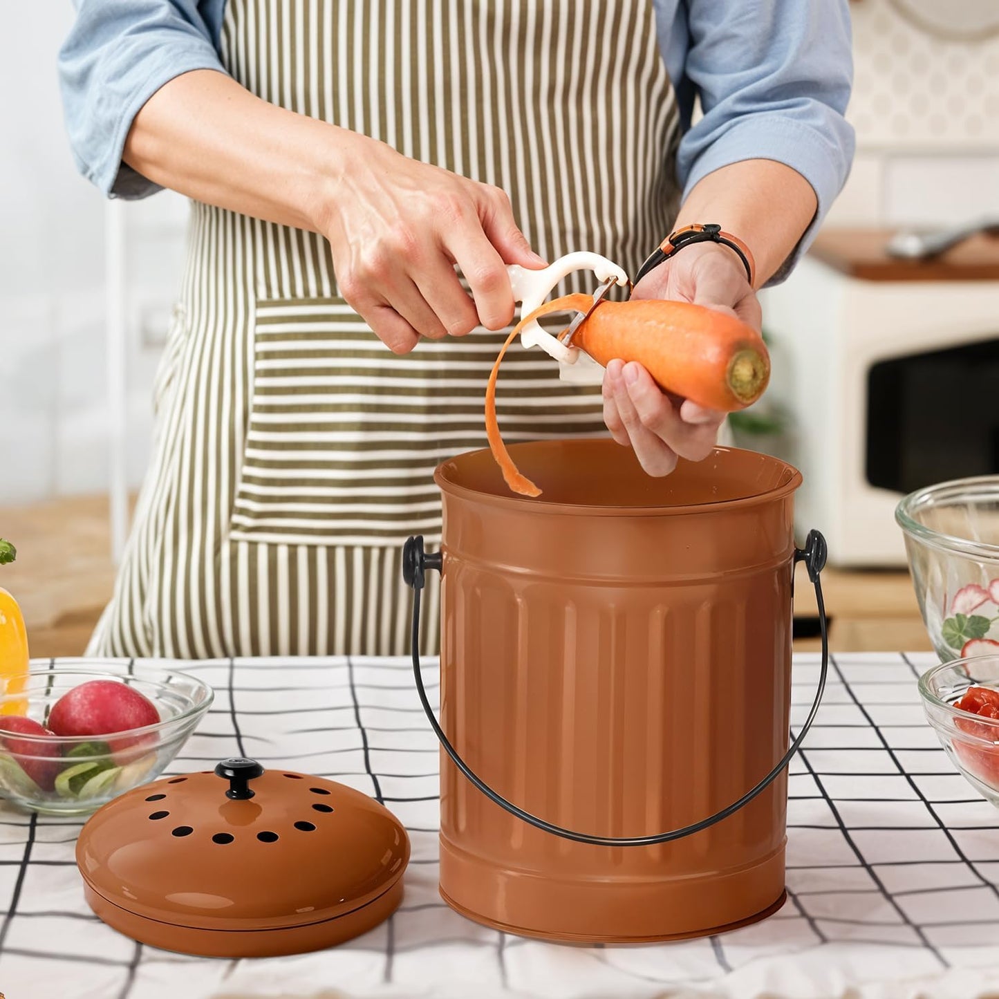 Plexon Countertop Compost Bin Kitchen Indoor, with Lid, Copper 1.5 Gallon Odorless Kitchen Compost Container, Steel Food Bucket Pail with Charcoal Filter, Bronze