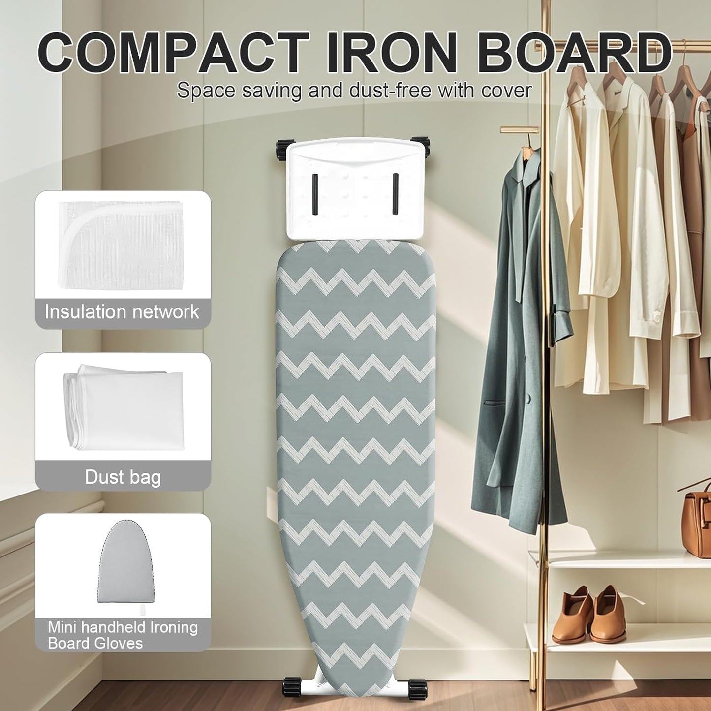 Ironing Board,Foldable Ironing Board Adjustable Height Compact Iron Board Thick Steel Tube Iron Board with Holder,Replacing Cloth Cover and Mini Handheld Gloves(Blue Waves)