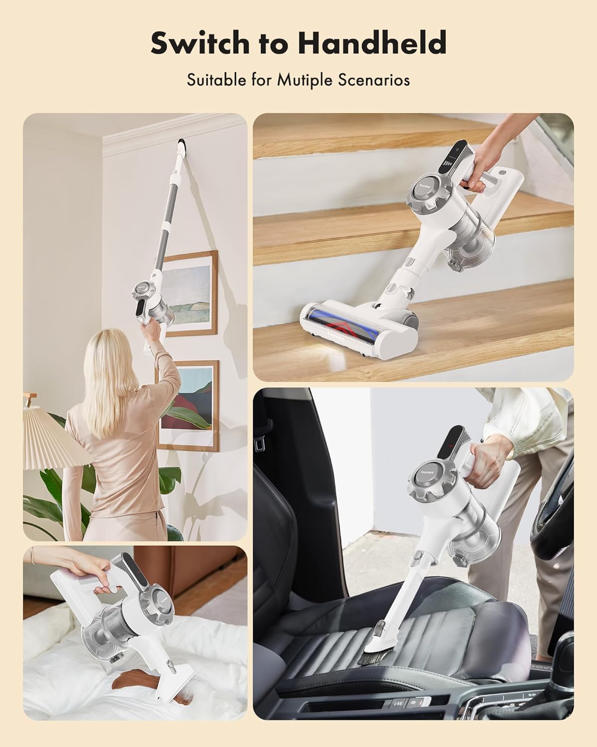 Trucozie Cordless Vacuum Cleaner, 8-in-1 Lightweight Stick Vacuum with 45mins Runtime, Powerful Suction, Rechargeable Cordless Vacuum for Carpet, Tile, Pet Hair, Hardwood Floors, White