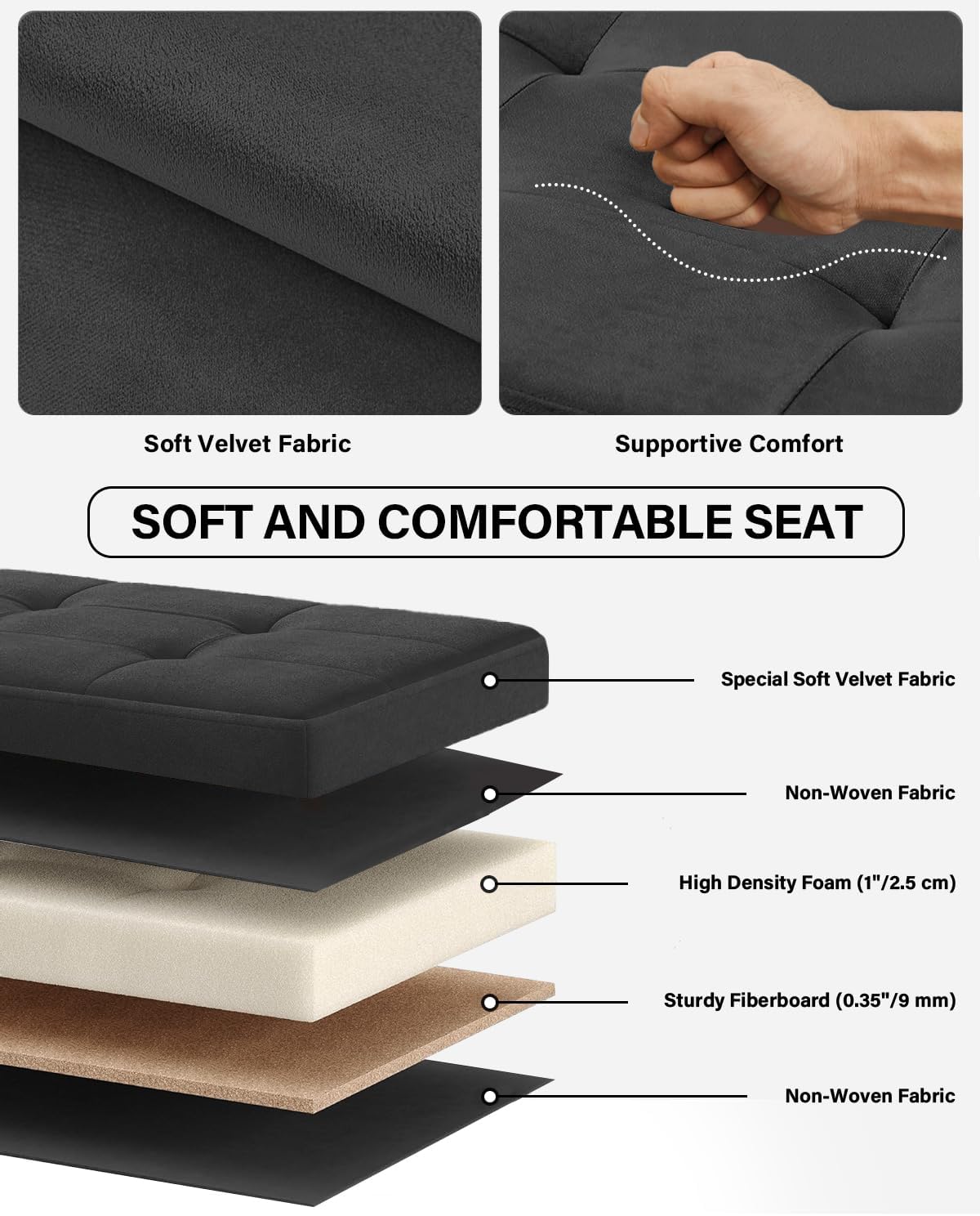 Folding Storage Ottoman, Velvet Storage Bench, Footrest, Removable Divider, for Living Room, Bedroom, 15 x 43 x 15 Inches, 660 lb Load Capacity, Ink Black UASND02B