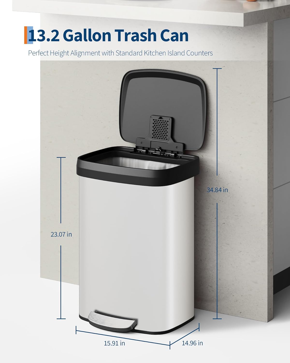 Garvee 13 Gallon / 50 Liter Metal Trash Can with Lid, Large Garbage Can for Kitchen, Rustproof Step-on Kitchen Metal Trash Bin with Liner Rim, Rear Handle, Soft Close Plastic Lid, White