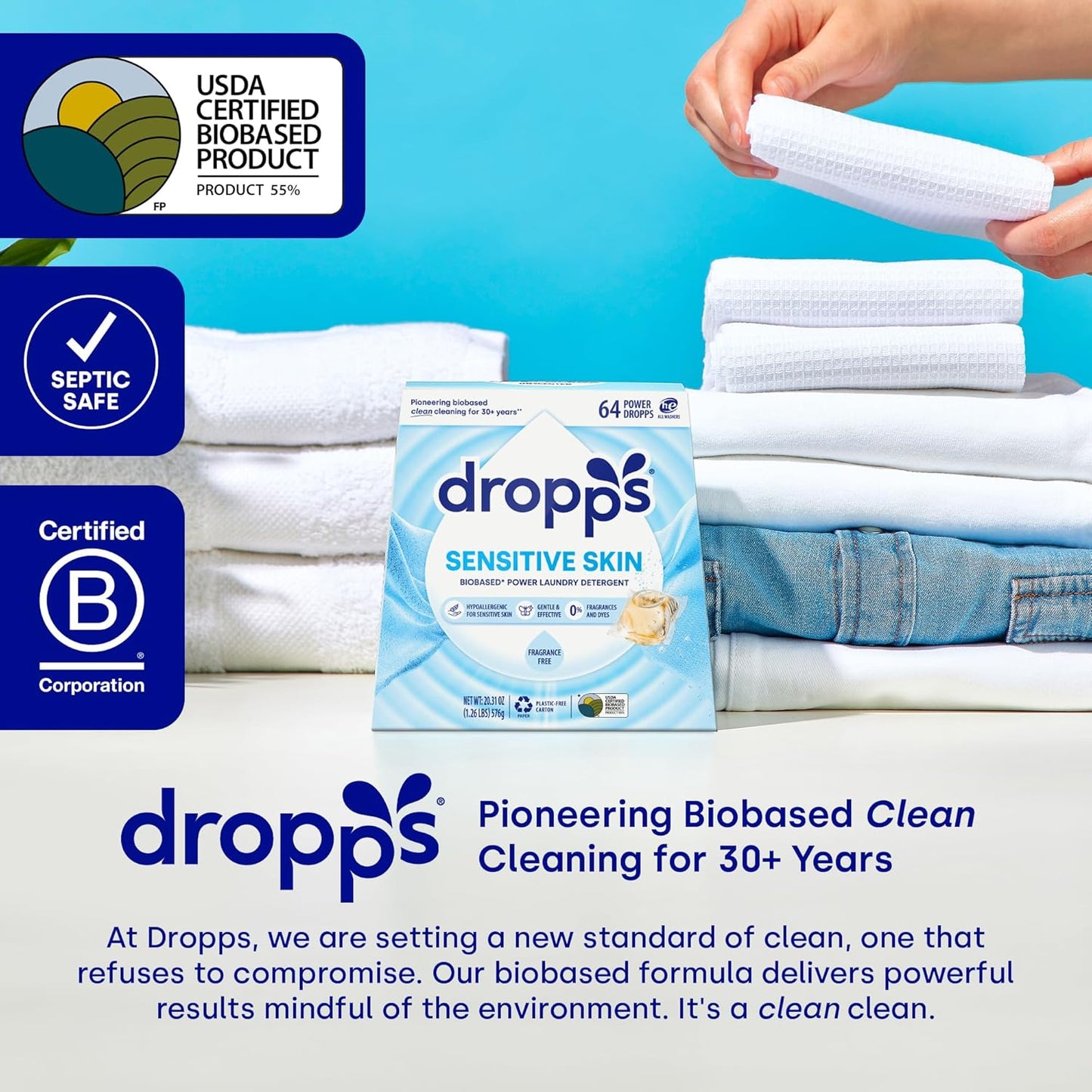 Dropps Sensitive Skin Laundry Detergent Pods, Unscented (36 Count) - Dermatologist Tested Laundry Pods - HE Compatible Laundry Supplies for Clean Clothes, Vegan & Dye-Free