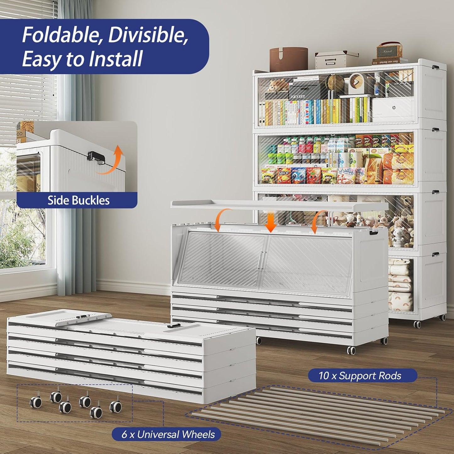 240 Gallon Extra Large Collapsible Storage Bin with Lid, 960QT Stackable Plastic Organizer with 6x Wheels, Foldable Drawer Cabinet for Closet, Living Room Office Dorm 3Pack, White