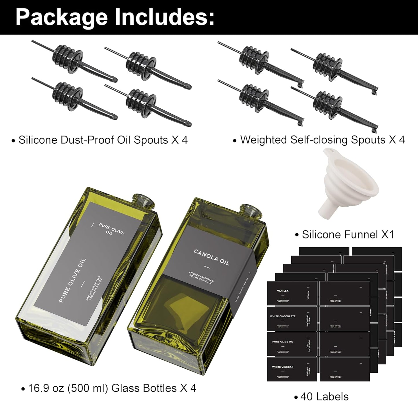 Olive Oil Dispenser for Kitchen, 16.9 oz/ 500 ml Olive Oil Dispenser Bottle, Glass Oil Bottles for Kitchen with 8 Stainless Steel Pourers, 40 Labels, 4 Pcs, Green