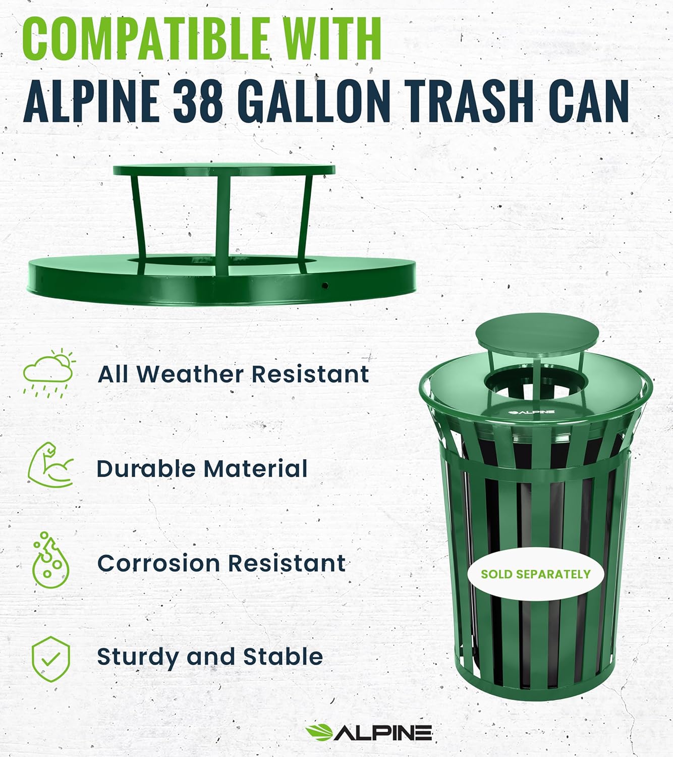 Alpine Industries Outdoor Metal Waste Receptacle Rain Bonnet Lid - Heavy Duty Trash Can - Commercial Trash Receptacle Cover - 38 Gallon Commercial Garbage Can Lid - Green