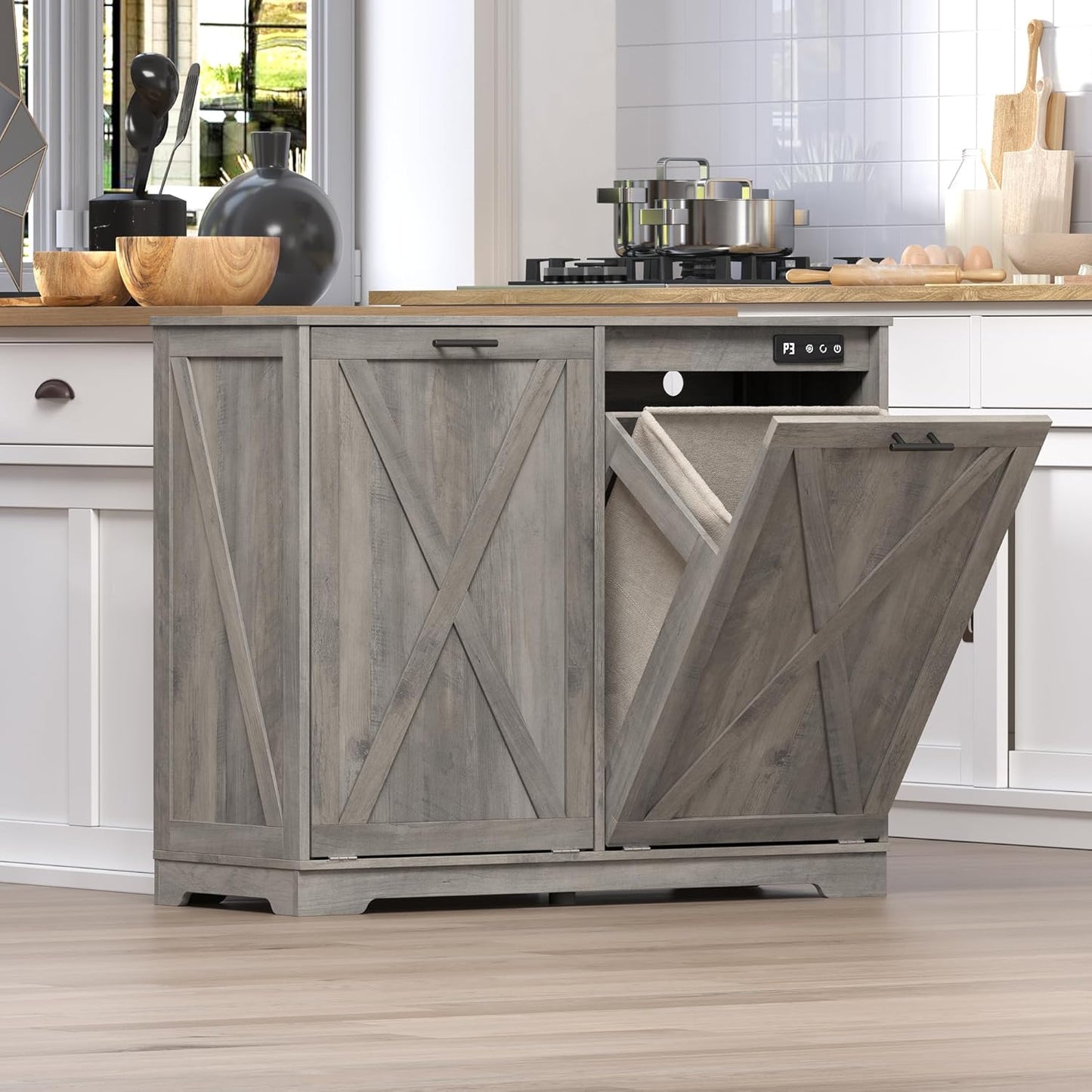 Tilt Out Trash Can Cabinet for 2 Bins, Hidden Recycle Garbage Bin Enclosure, Wooden Double Laundry Cabinet with Odor Control, Negative Ion & Ozone, for Kitchen, Bathroom, Laundry Room