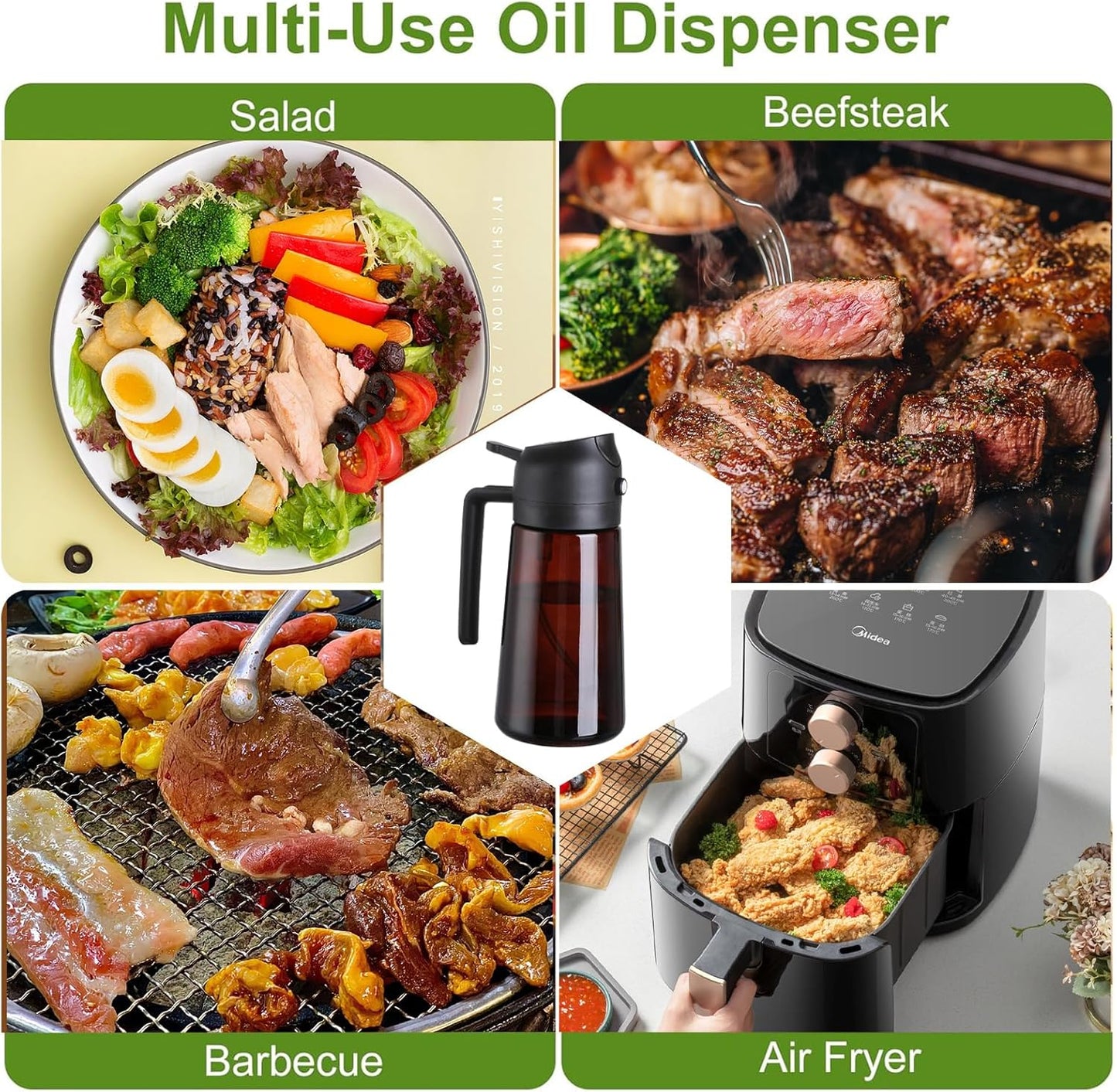 2-in-1 Glass Oil Dispenser & Sprayer - 16oz/470ml Leakproof Olive Oil Sprayer Bottle for Cooking, Air Fryer, BBQ, Baking, Salad (Black)