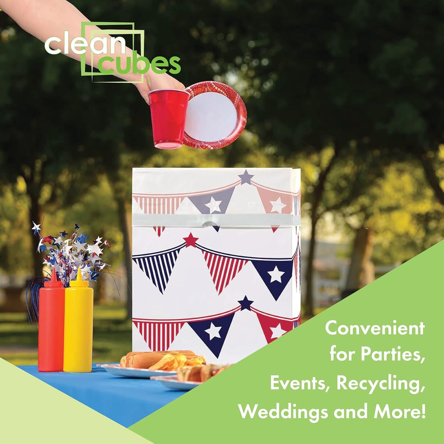 13 Gallon Disposable Pop-Up Trash Cans (3-Pack) with Fitted Bags – Foldable Garbage & Recycling Bins for Parties, Events & Kitchen (USA Flag, 17" H x 13.5" W x 10" D)