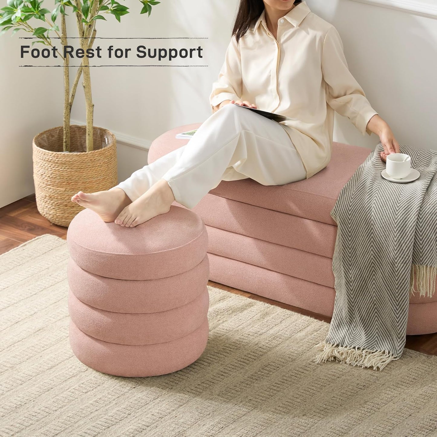 Round Ottoman with Storage Boucle Ottoman Stool Removable Lid for Living Room Modern Upholstered Vanity Storage Stool Foot Rest Bedroom Dorm Gift Set of 1 (Pink)